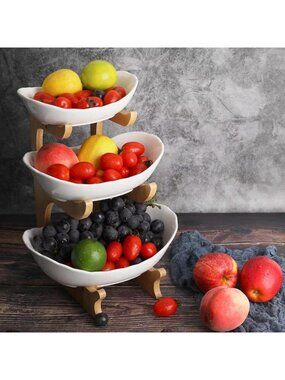 3-Tier Ceramic Fruit Bowl with Bamboo Stand - Stylish Kitchen Counter Storage
